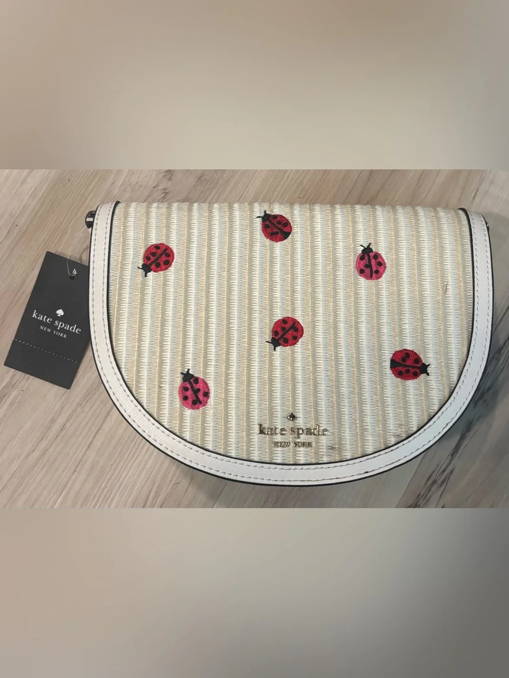 kate spade Cream Straw Crossbody with Red Ladybug Embroidery